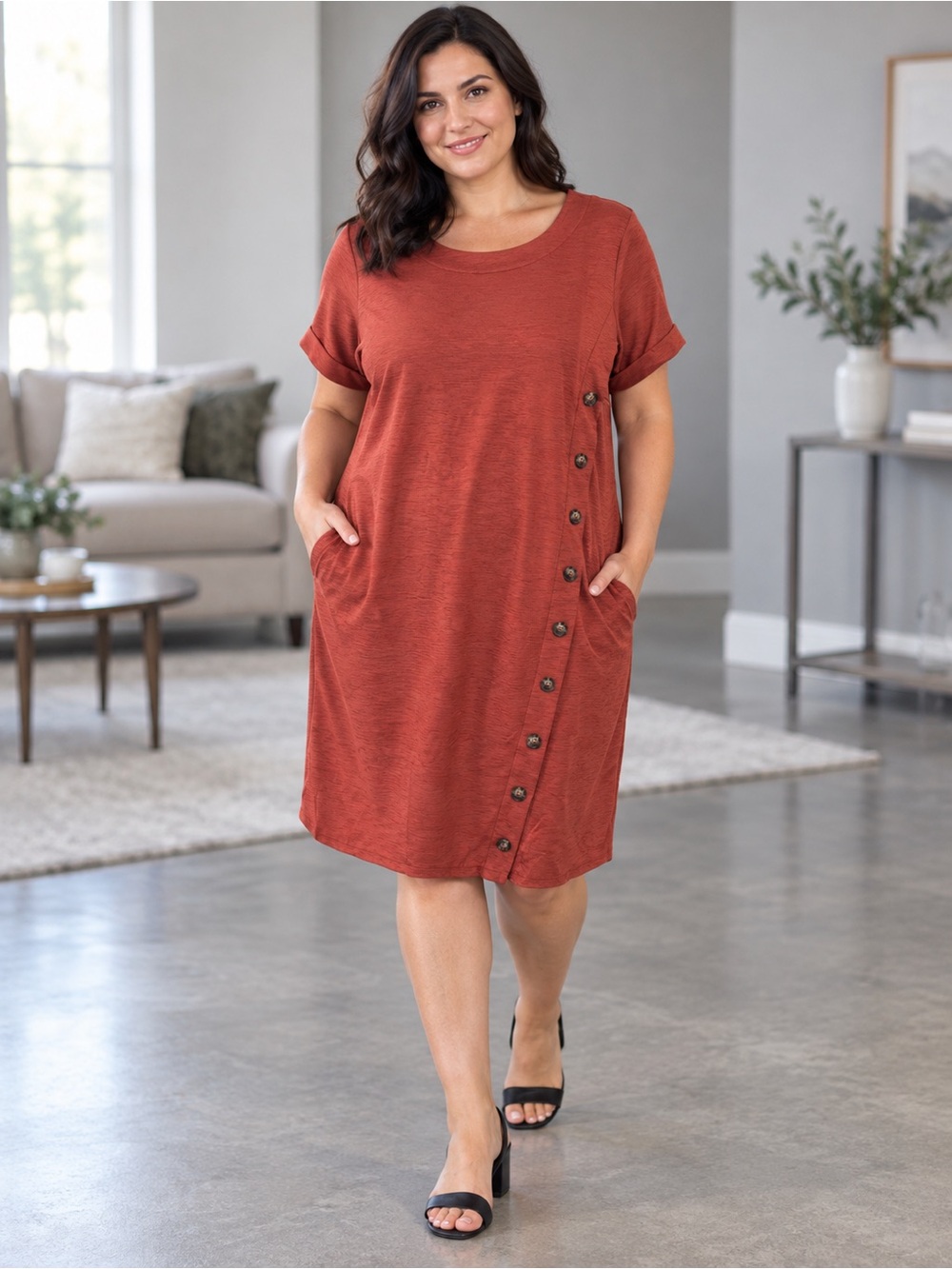 Plus-Size Button-Accent Midi Dress in Rust